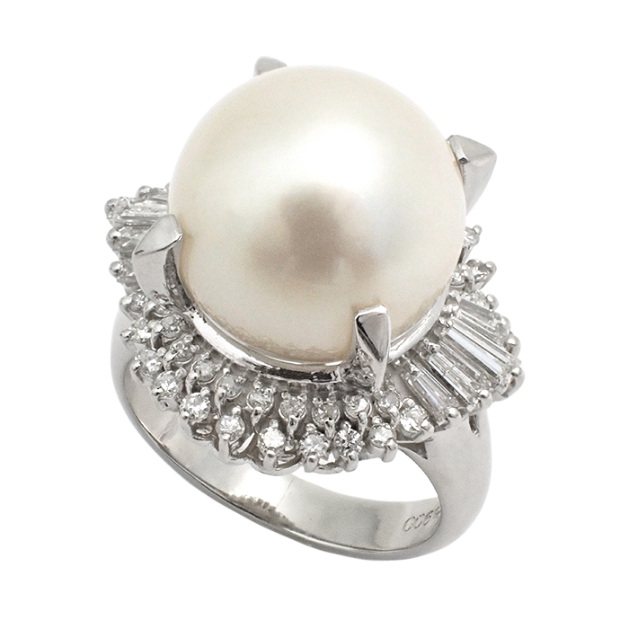 Pt900 パール ダイヤモンド 指輪 9.5号 真珠 シルバーカラー