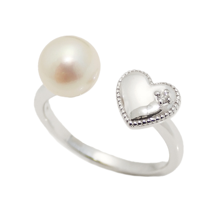 K18WGパール 真珠 指輪 13号 ハートモチーフ 1Pダイヤ ホワイトゴールド