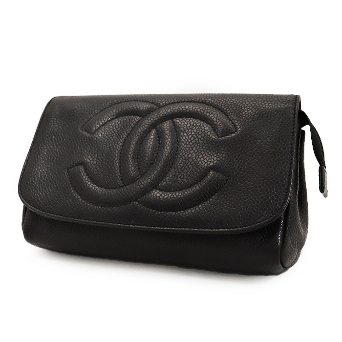 シャネル(CHANEL) ミラー付き コスメポーチ ヴィンテージ キャビアスキン ココマーク 黒色