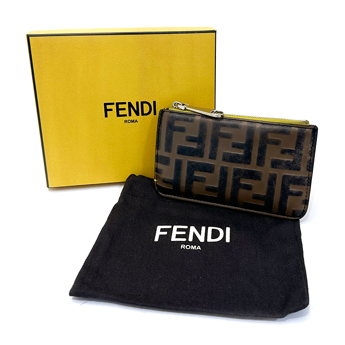 フェンディ(FENDI) カードケース コインケース 8AP161 ズッカ柄 ブラウン イエロー