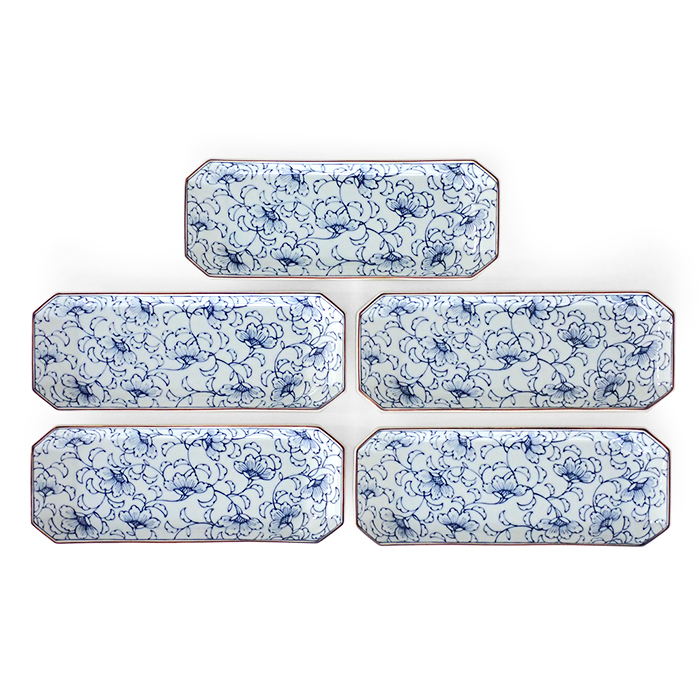 たち吉(橘吉) 長皿 焼物皿 角皿 5枚セット 古都唐草 花唐草模様 ホワイト